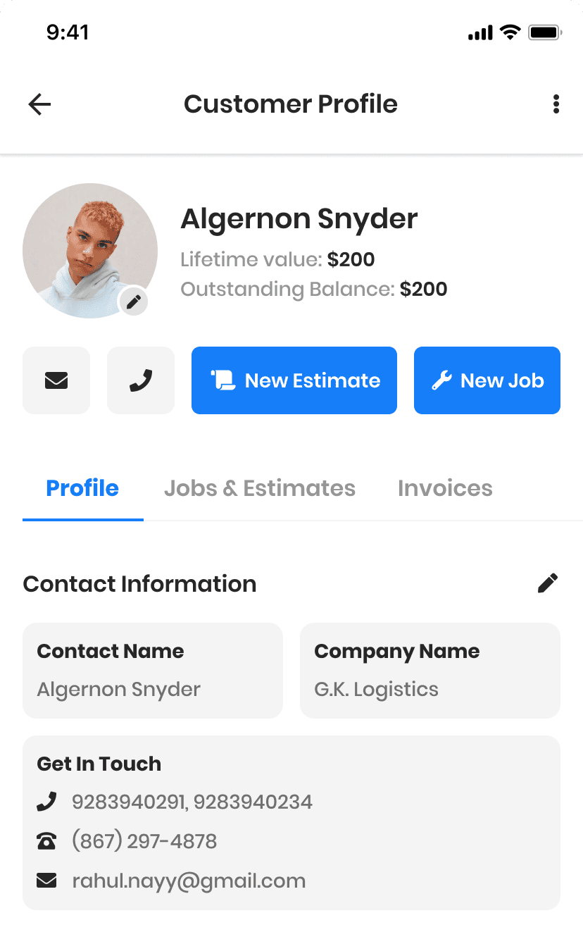 Zeo customer profile showing contact details, addresses and job context; sample customer data.