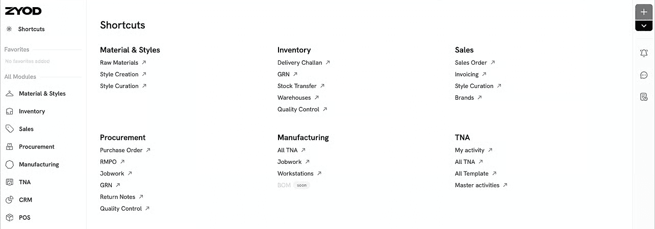 ZYOD ERP navigation connecting materials, inventory, procurement and manufacturing.
