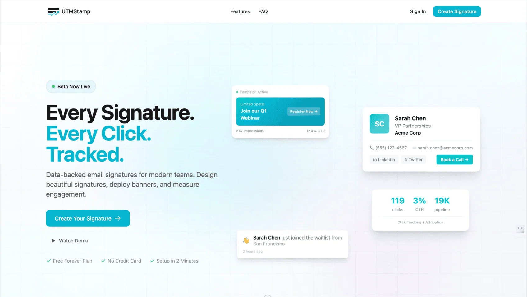 UTMStamp product website showing its email signature builder.