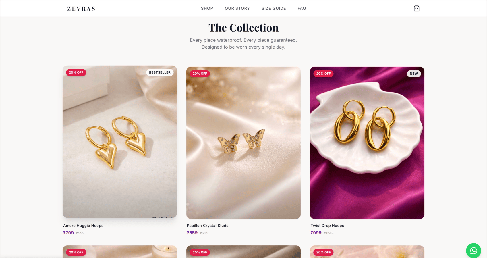 Zevras jewellery collection page with product photography.