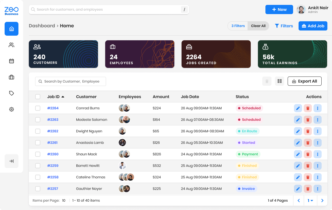 Zeo Business job management interface showing sample service and pricing data.
