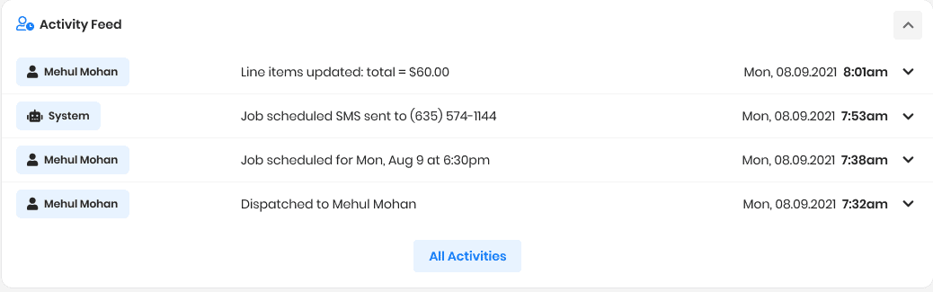 Zeo job record with notes, attachments and activity supporting the handoff; sample job data.