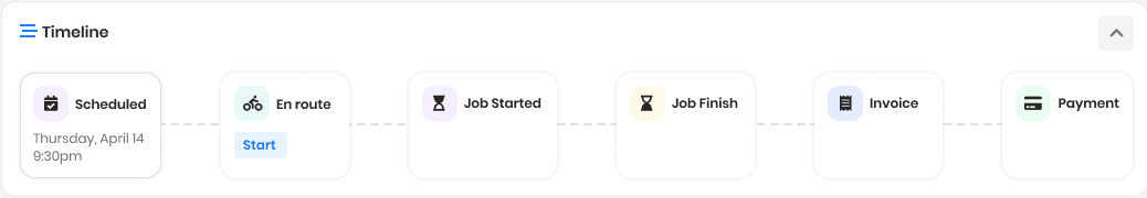 Zeo job timeline showing progress from scheduling through work and payment; example product data.
