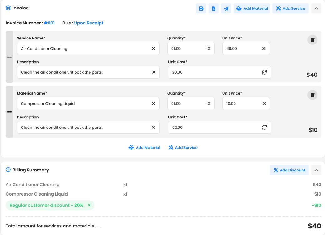 Zeo billing interface with service and material line items, quantities, discounts and totals; sample data.
